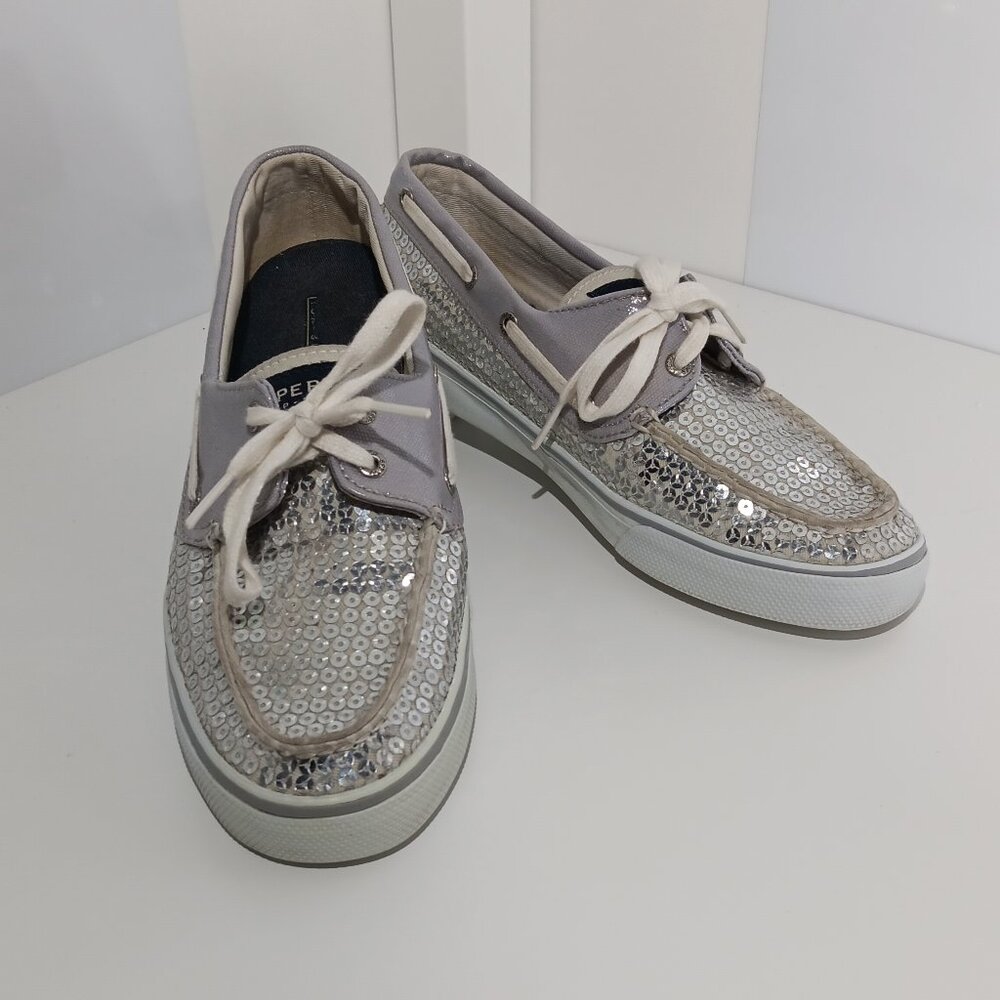 Sperry Topsider silver sequin boat shoes, Women's size 8.5, Preppy, Resortwear